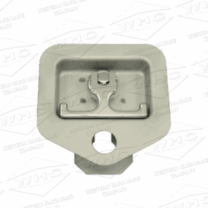 White plastic component with multiple holes and a tab at the bottom.