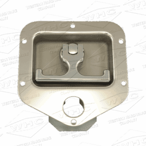 Metal latch or locking mechanism part with a keyhole and mounting holes.