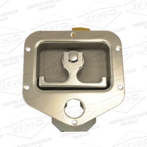 Metal latch mechanism with mounting holes and a circular opening.