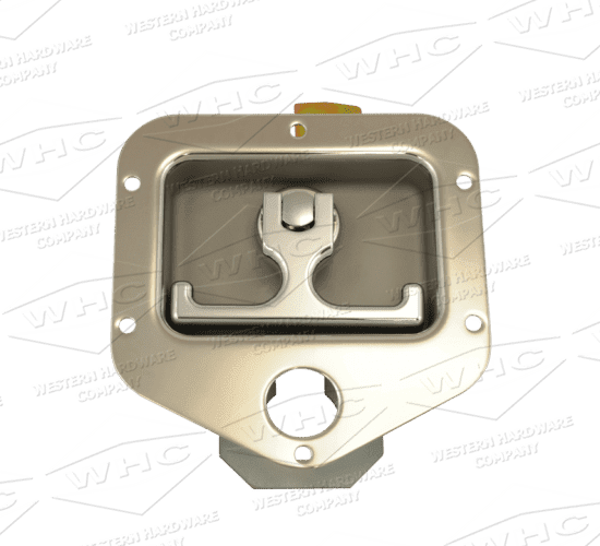 Metal latch mechanism with mounting holes and a circular opening.