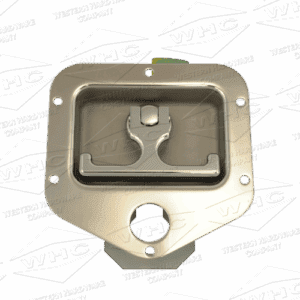 Metallic square plate with a central latch and mounting holes.