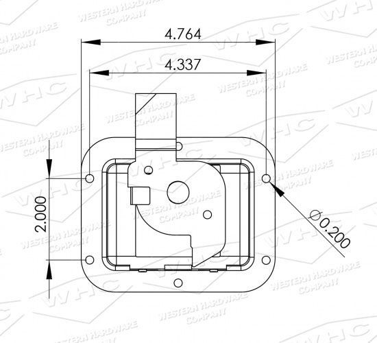 Technical back drawing of 3 point pad lockable stainless steel T-handle latch WHCSSSPHA3-PL