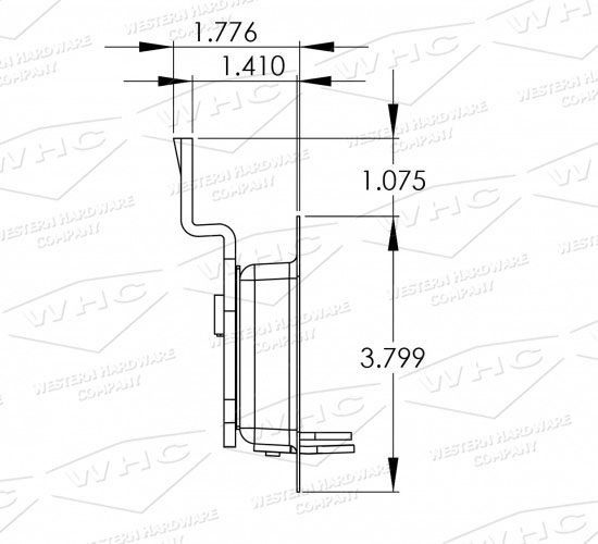 Profile/side drawing of 3 point pad lockable stainless steel T-handle latch Part WHCSSSPHA3-PL