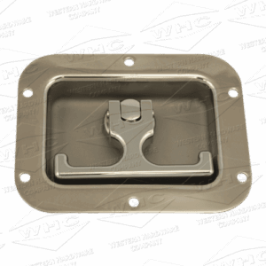 Recessed metal pull handle with mounting holes on a beige base plate.