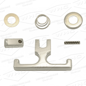 Various white plastic hardware components on a branded background.