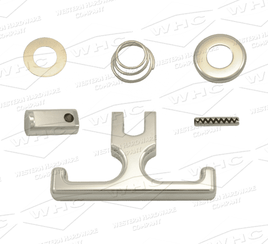 Various white plastic hardware components on a branded background.